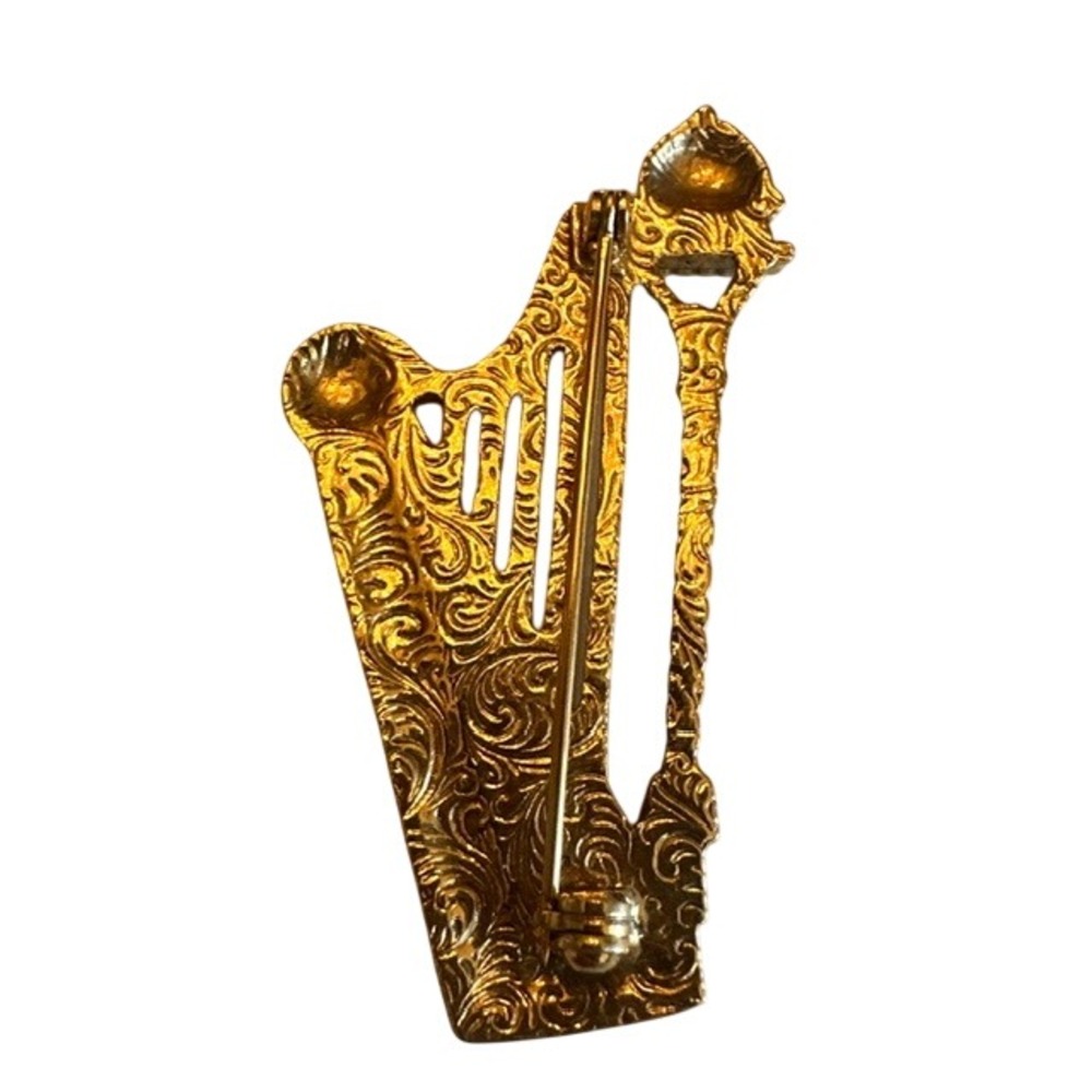 Vintage Gold Tone Harp Brooch Ornate Rhinestone Musical Instrument Pin 2 Inch - Picture 4 of 5
